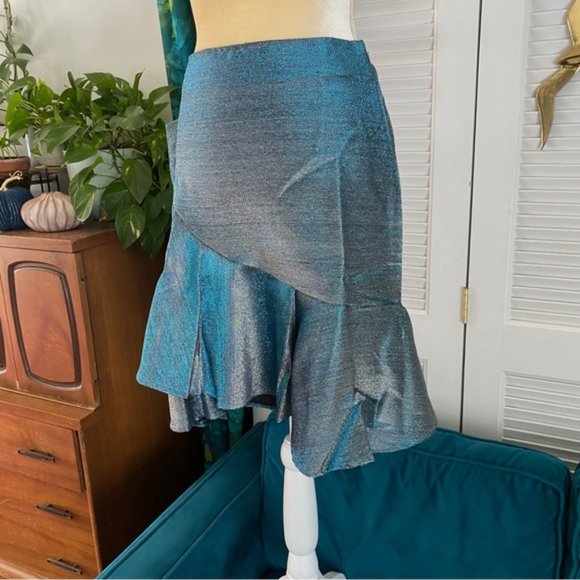 Umgee All That Sparkles High Waist Metallic Lurex Ruffled Skirt Blue Silver New - Picture 5 of 13